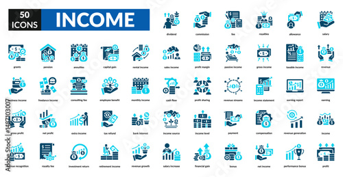 Income fill icon set collection. Payment, pension, royalties, dividend, profit, revenue, economy, banking, monetary
