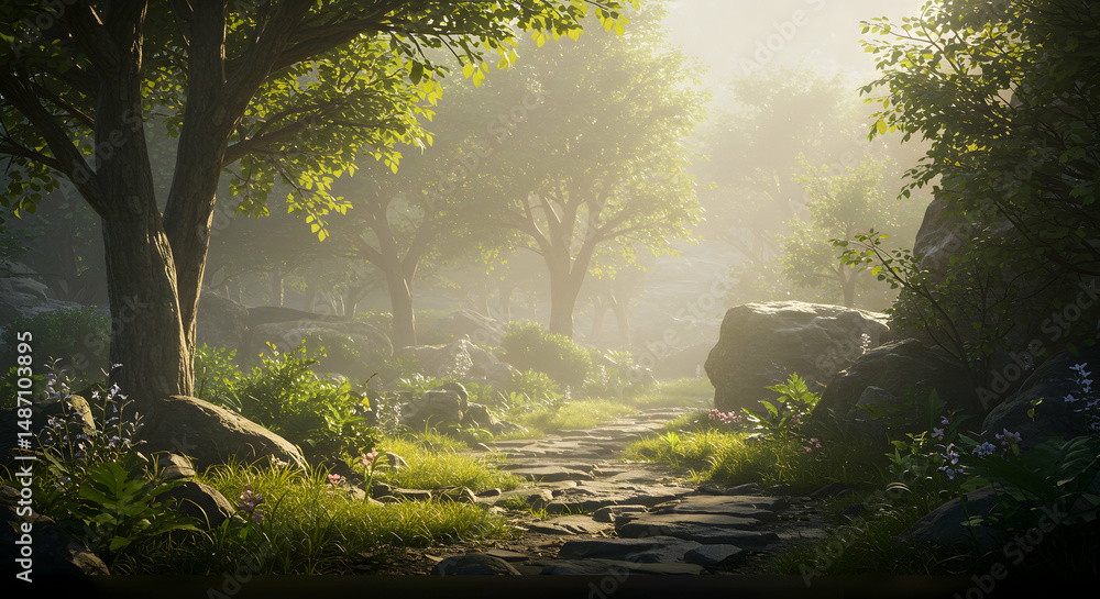 Obraz premium forest, path, trail, Misty Forest Path at Sunrise