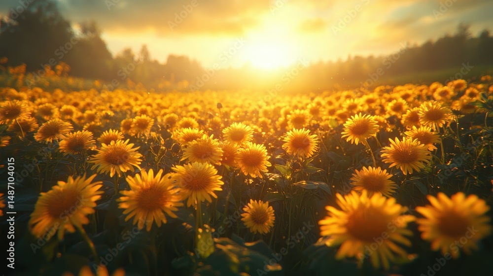 Obraz premium Sunlit Sunflower Field Sunset Landscape