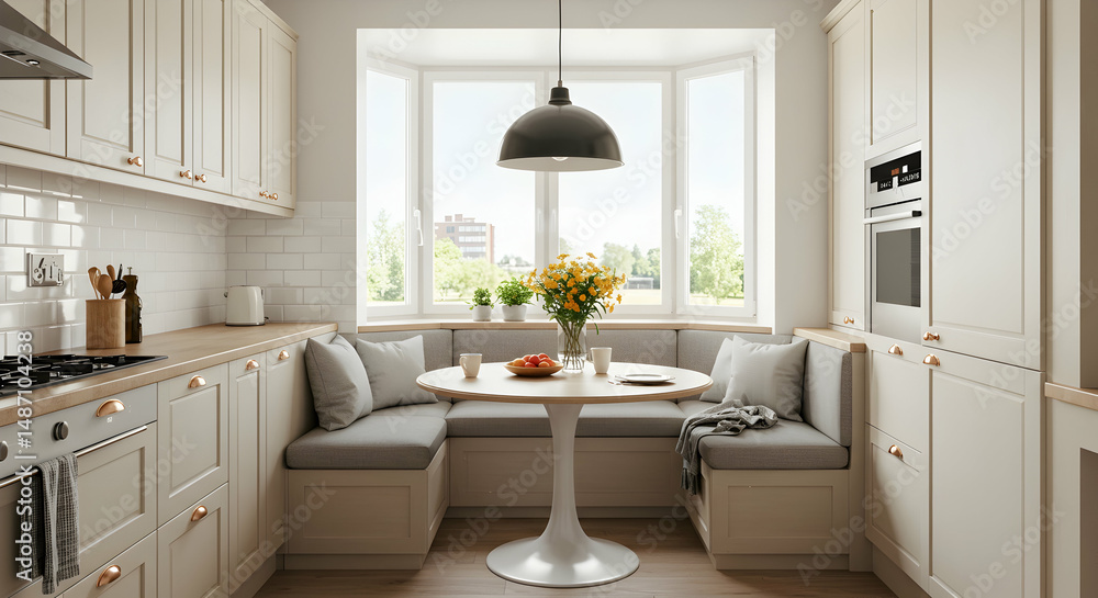 Fototapeta premium kitchen, breakfast nook, bay window, Cozy Kitchen Bay Window Breakfast Nook