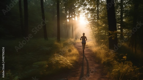 Woman jogging forest sunrise.