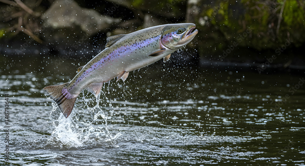 Fototapeta premium rainbow trout, trout, fish, Rainbow Trout Leaping in River