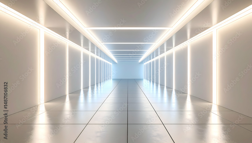 Abstract Futuristic Tunnel with Glowing White Lines and Reflective Floor