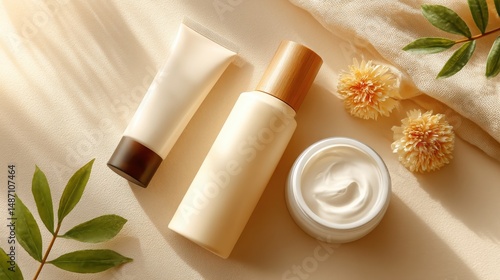 Flatlay of Hydrating Skincare Products with SPF and Autumn Ski Accessories Evoking a Cozy, Nurturing Self-Care Routine for Seasonal Transition