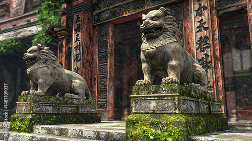 A pair of traditional stone lion statues (shishi or guardian lions) standing majestically in front of an ancient building