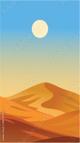 Vector illustration of desert landscape with sand dunes and hot sun in clear blue sky. Great for travel, nature scenes, summer posters, and adventure-themed graphic designs.