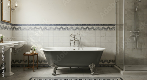 bathroom,  bathtub,  clawfoot tub, Elegant Freestanding Clawfoot Bathtub in a Vintage Bathroom