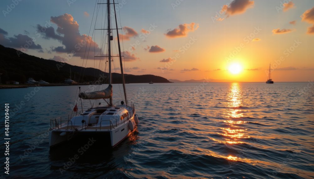 Naklejka premium Serene sunset view over calm waters features catamaran anchored peacefully, with sun casting warm glow on horizon. scene evokes tranquility and relaxation
