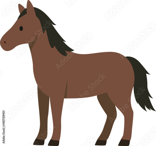 A cartoon-style illustration of a brown horse with a dark mane and tail, black hooves, standing on all four legs.