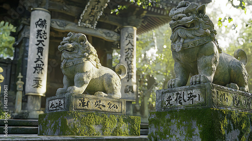 A pair of traditional Japanese stone lion statues (komainu) standing guard in front of a shrine.
