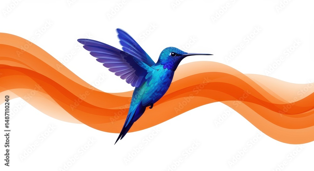 Fototapeta premium Vibrant blue hummingbird with outstretched wings flying over abstract orange wave lines on white background