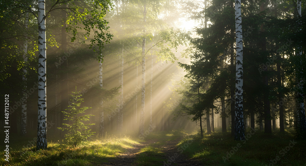Obraz premium birch forest, sunbeams, sunlight, Sunbeams in a Misty Birch Forest