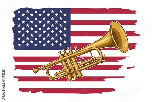 Patriotic Trumpet American Flag & Brass Instrument Illustration