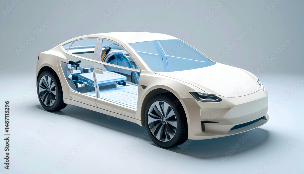 Electric Vehicle Cutaway: Technical Diagram of an EV System in Ghost Effect Electric Vehicle Cutaway: Technical Diagram of an EV System in Ghost Effect