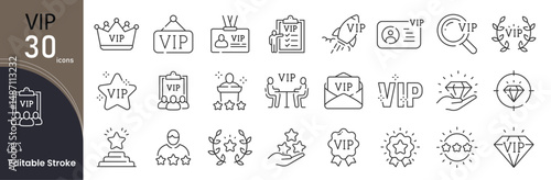 VIP related icon collections. Containing VIP, Exclusive, Access Pass, Red Carpet, Invitation, Crown, Elite, Private, Premium Entry, VIP Lounge, and Badge icons. Editable Stroke icon collection Outline