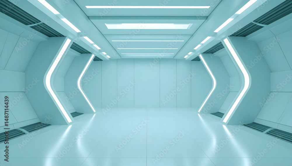 Obraz premium Futuristic Sci-Fi Space Facility Interior with Blue and White Lighting