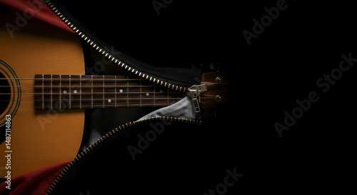 acoustic guitar,  guitar,  instrument, Acoustic Guitar in Case, Partially Zipped