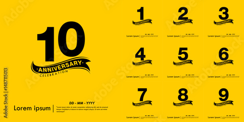 Set of 1st-10th years anniversary celebration emblem. black logo isolated with ribbon on yellow background. vector illustration template design for web, flyers, poster, invitation and greeting card