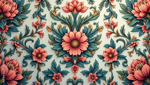 Intricate floral damask pattern in muted tones, classic, fabric