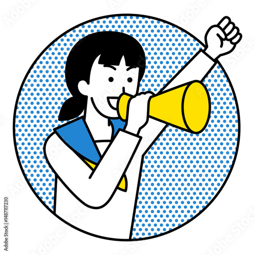 円から飛び出してメガホンで応援する女子学生