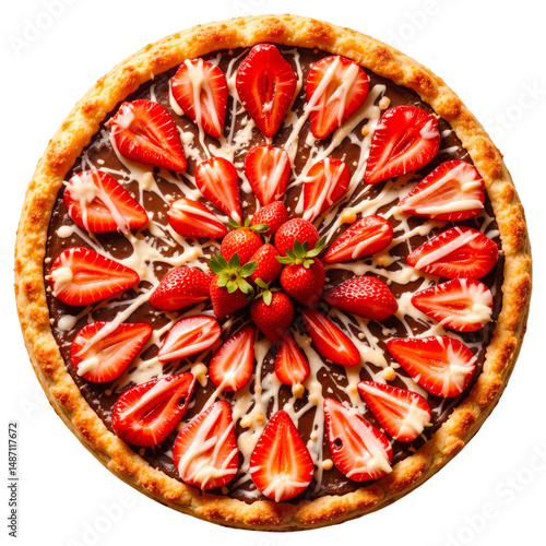A gourmet dessert pizza with a chocolate base, fresh strawberries, white chocolate drizzle, and golden crust on a transparent background