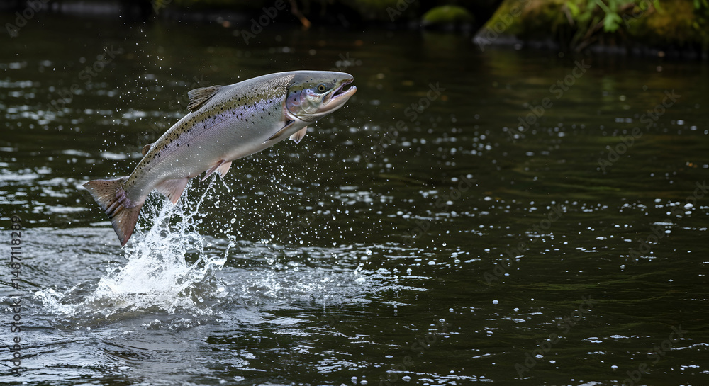 Fototapeta premium salmon, fish, leaping, Salmon Leaping in River