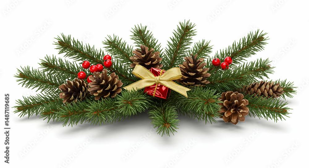 christmas, decoration, pine, Christmas Decoration with Pine Branches, Cones, Berries, and Gift christmas, decoration, pine, Christmas Decoration with Pine Branches, Cones, Berries, and Gift