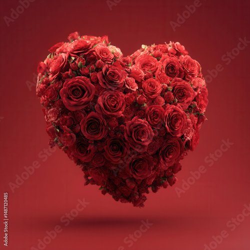 Heart shape made of red roses with romantic and passionate expression on red background