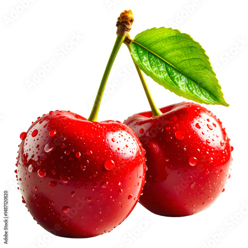 Two ripe red cherries with green leaves and water droplets in vivid detail on a transparent background