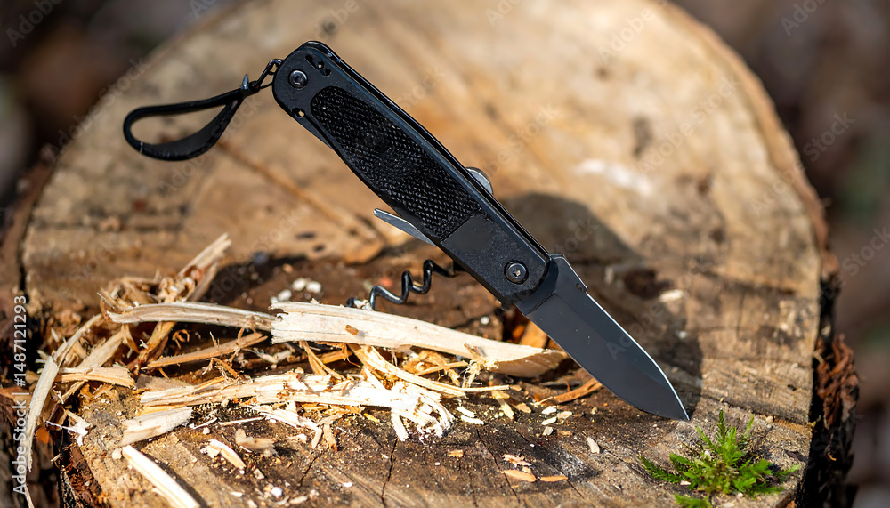 Obraz premium Black multi-tool knife with open blade and corkscrew on a tree stump.