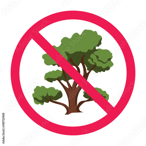 Tree prohibition sign vector icon. No trees allowed symbol. Flat design icon indicating no trees allowed, deforestation zone, or restricted planting area
