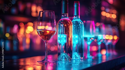 Wine glass and bottles illuminated with vibrant neon lights on a bar counter setting the mood
