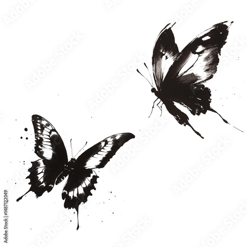 Black ink butterfly, Chinese style ink painting, simple brush strokes, white background
