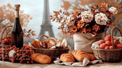 Gourmet picnic celebration in paris france food and drink display autumn vibes artistic perspective