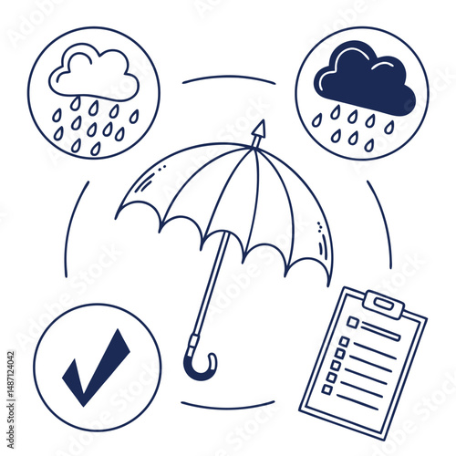 Rain & Insurance Protection Icon Set – Weather Safety, Risk Management, and Property Coverage Vectors