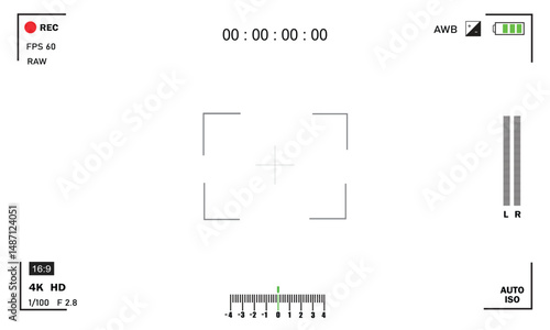 Camera viewfinder. Viewfinder camera recording. Video screen, camera frame vector template. Black lines and text, rec icon with information and timing on white background.