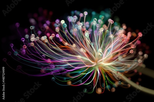Abstract multicolored flora displayed on a stark black backdrop, enhanced by advanced tech imaging.