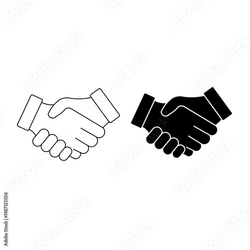 Vector icon of a professional business handshake in both solid and outline styles. Ideal for use in business presentations, B2B communication, cooperation, partnerships, collaboration, and agreement
