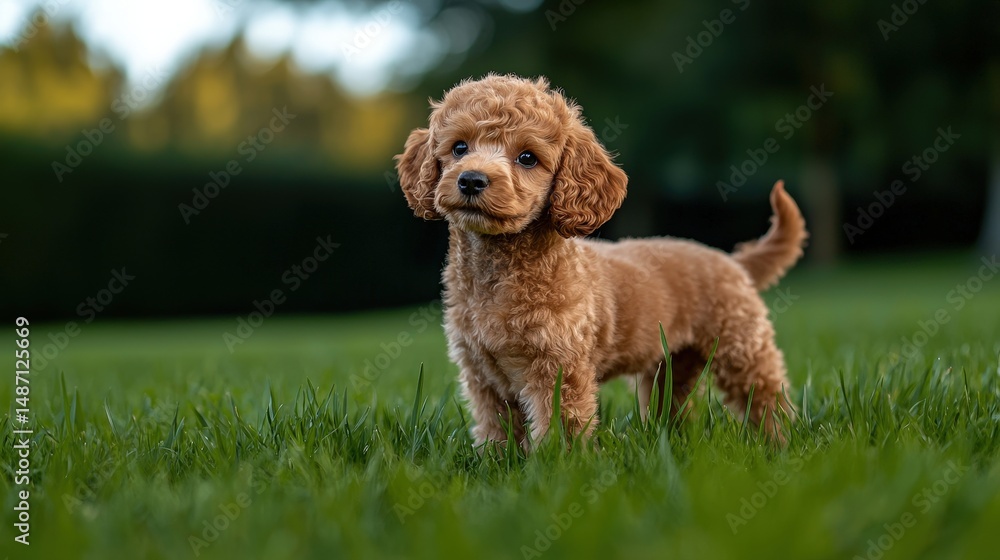 Playful poodle puppy frolicking in a lush green park captivating pet photography serene outdoor setting Playful poodle puppy frolicking in a lush green park captivating pet photography serene outdoor setting