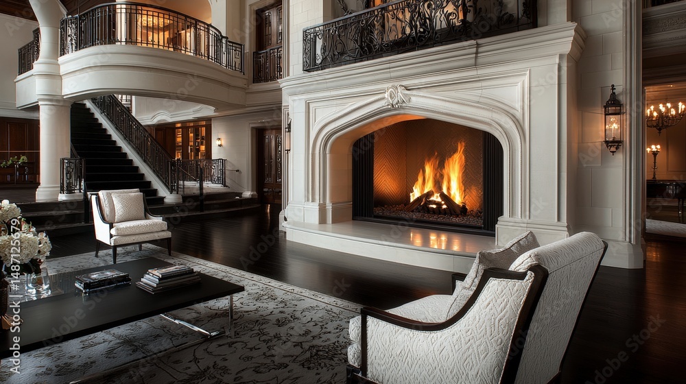Elegant living room with cozy fireplace luxurious home interior design modern ambiance wide angle comfort concept Elegant living room with cozy fireplace luxurious home interior design modern ambiance wide angle comfort concept