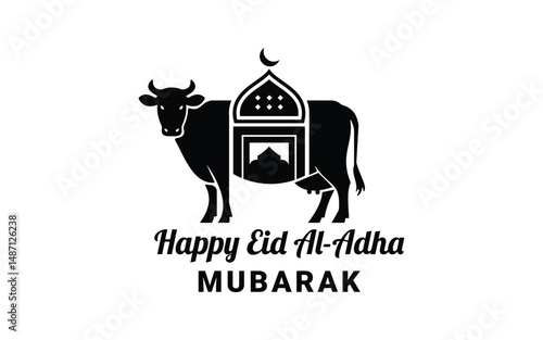 Eid al-Adha Mubarak Vector with Cow and Mosque Symbol for Islamic Festival Celebration