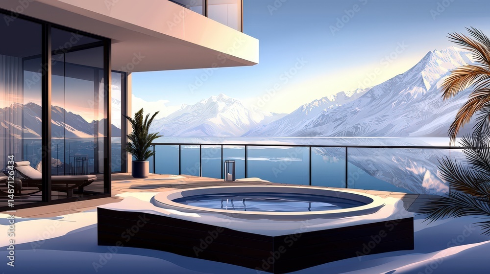 Fototapeta premium Luxurious hot tub with scenic mountain view modern balcony digital art serene environment elevated perspective