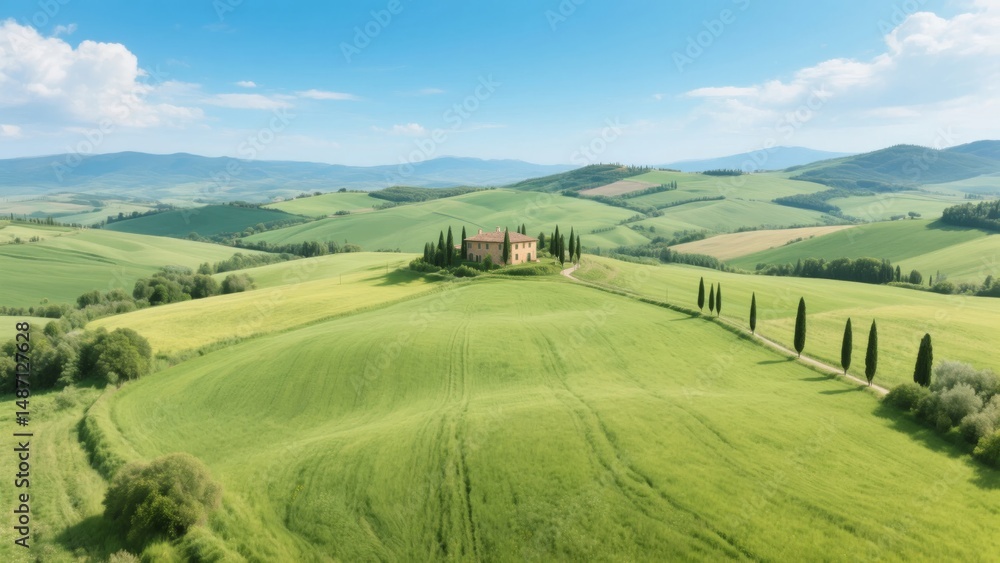 Naklejka premium Aerial View of a Tuscan Villa Surrounded by Rolling Hills