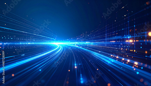 Digital Highway: Abstract representation of high-speed data transfer, digital information flow, and technological innovation. The image features a glowing blue highway representing the flow of data.