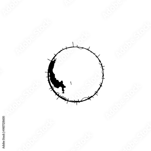 Abstract barbed wire circle framing a textured silhouette on a white canvas