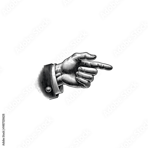 Hand-Drawn Vintage Illustration of Pointing Hand, drawn in an engraved, woodcut style with fine details sketch engraving vector illustration. Scratch board imitation. Black and white image. 