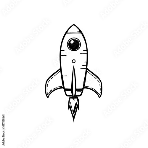 Stylized monochrome rocket ship illustration representing cosmic exploration and ambition