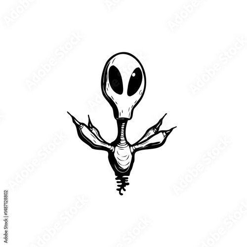 Stylized alien figure with an elongated head and spindly limbs in black and white
