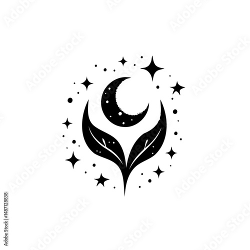 Elegant cosmic botanical design featuring crescent moon leaves and stars