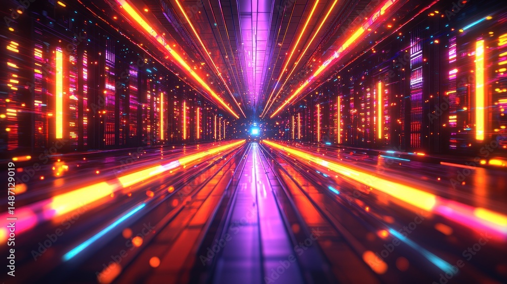 Vibrant neon lights illuminate a futuristic tunnel, creating a dynamic, high-speed perspective Vibrant neon lights illuminate a futuristic tunnel, creating a dynamic, high-speed perspective